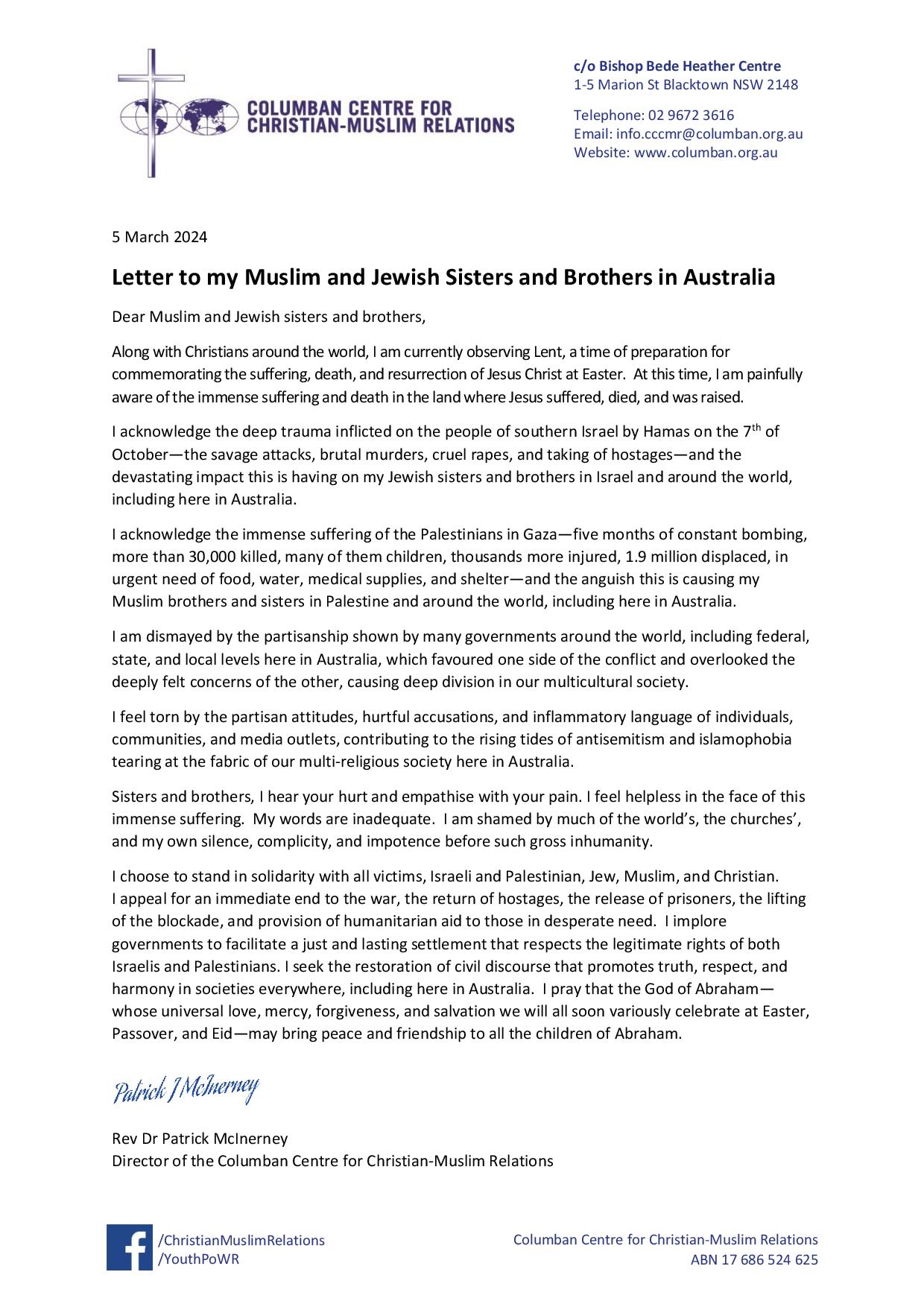 Letter to My Muslim and Jewish Sisters and Brothers in Australia